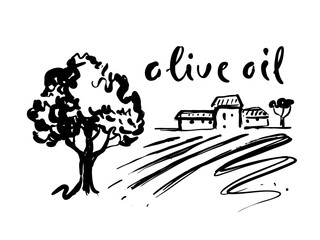 Wall Mural - Olive tree and village house. Drawing sketch