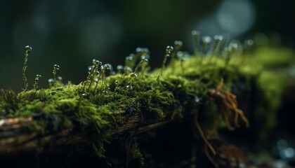 Wall Mural - Green leaves on wet branch in forest generated by AI