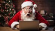 © TensorSpark - Surprised Santa Claus sitting in front of computer with shock as he reads an expensive Christmas gift list. Digital winter wishlist for presents as modern letter writing. Cozy decorations and tree.