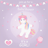 Fototapeta Dinusie - Set of baby shower invitations with cartoon character, rattle, unicorn and dinosaur. This is a girl. Vector illustration, EPS 10.