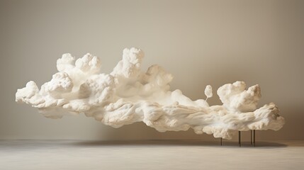 a sculpture of white clouds on a gray background with a black stand.  generative ai