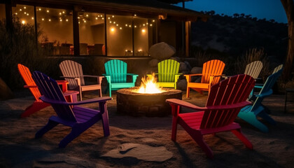 Sticker - Burning wood illuminates comfortable outdoor relaxation at dusk generated by AI