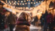 Lonely dog with scarf standing and looking to vibrant Christmas market. Winter season with frosty cold charm and festive atmosphere. Beautiful vibe with pet in urban market. Season greetings from pets