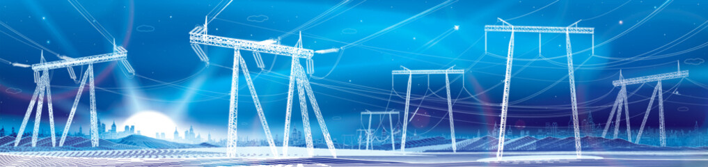 Wall Mural - High voltage transmission system. Electricity. Neon glow. City energy infrastructure. Night landscape. Power lines. Network interconnected electrical. White otlines on blue background. Vector design