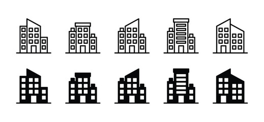 Wall Mural - Building and Office buildings icons. Skyscrapers. Real estate, apartment, condo, home, house, city, hotel, urban, town. Editable stroke. Vector illustration