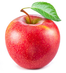 Wall Mural - Ripe red apple with green leaf isolated on white background.