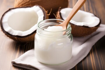 Wall Mural - glass jar of coconut oil with a small scooper