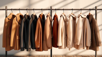 Wall Mural - a collection of light brown sweaters neatly arranged on hangers in a well-lit and stylish boutique setting. the classic and timeless appeal of these sweaters.