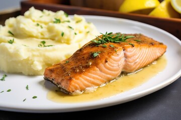 Sticker - baked salmon with a side of mashed potatoes