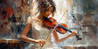 Female Classical Musician Violinist Playing a Violin Colorful Liquid Art Watercolor Oil Painting on Canvas