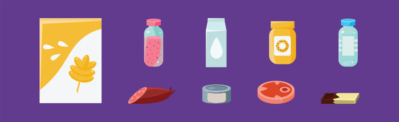 Sticker - Foodstuff Icon and Different Product on Purple Background Vector Set