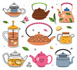 Aromatic Tea Brewing with Hot Drink in Teapot Vector Set