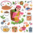 Aromatic Tea with Woman Gathering Leaf on Plantation and Brewing with Teabag, Hands Hold Mug with Hot Drink and Teapot Vector Set