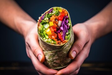 Sticker - hand holding burrito with vibrant vegetable fillings