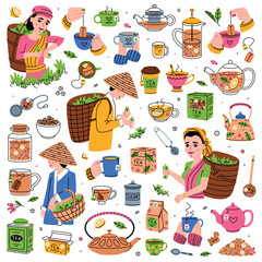 Sticker - Aromatic Tea with Man and Woman Gathering Leaf on Plantation and Brewing with Teabag, Hands Hold Mug with Hot Drink and Teapot Vector Set