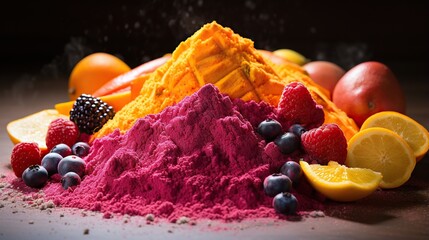  a pile of colorful powder next to fruit and a pile of oranges.  generative ai