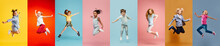 Collage. Happy, Adorable Little Boys And Girls, Children Cheerfully Lumping Over Multicolored Background. Concept Of Freedom, Motivation, Ambitions, Success And Lifestyle, Childhood