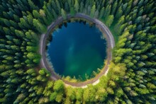 Circular lake forest top view. Above fly. Generate Ai