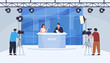 News studio with journalists and operators. TV news, journalists, presenters of news programs. Collection of informative news in various situations. Vector illustration