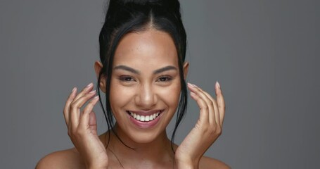 Wall Mural - Face, skincare and hands of happy woman in studio isolated on a gray background. Portrait, natural beauty and model touch in spa facial treatment for aesthetic, glow and cosmetic wellness for health