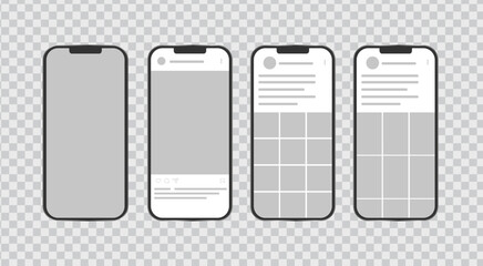 Smartphone mock up with carousel interface post on social network. Social media mobile app page template. Four mobiles for design. Design of the tape profile. Vector illustration on transparent.