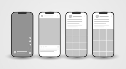 Smartphone mock up with carousel interface post on social network. Social media mobile app page template. Four mobiles for design. Design of the tape profile. Vector illustration