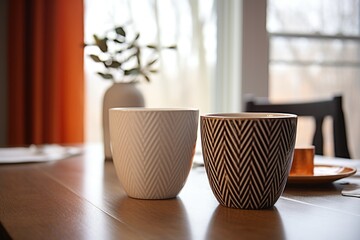 Canvas Print - two matching coffee cups by a large dining table