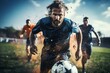 Football, men and exercise with action, field and wellness with workout goal, fitness and competition. Male players, guys and athlete with a challenge, soccer and sports with energy and training