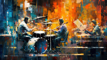 Wall Mural - Musicians in a Bar Drums Bass Dancers Oil Panting Abstract Art Background