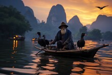 Cormorant Fisherman On The Li River, Guilin, Yangshuo,
