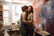 happy, affectionate lesbian couple hugging and kissing, painting living room, diy