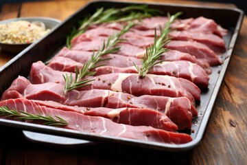 Sticker - a tray of raw, well-marinated meat ready for grilling