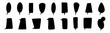 Large set of black vertical speech baubles. Black shapes on white background. Thoughts, chat, speech, speak.