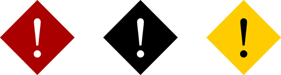 Sticker - Attention Danger or Hazard Warning Sign Icon Set with Exclamation Mark and Diamond Shaped Frame. Vector Image.