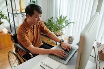Wall Mural - Concentrated young man with disability learning programming
