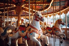 a carousel with wooden horses in amusement park
