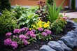 a mulch covered flower bed with robust perennials