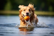 A Dog Fetching A Floating Toy In A Lake
