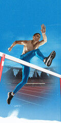 Strong, muscular, shirtless man, running athlete in motion on competition, running on stadium and jumping over barrier. Concept of professional sport, endurance, speed, marathon. Poster