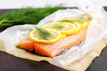 Wall Mural - salmon en papillote with dill and lemon slices