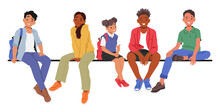Joyful Diverse Children Sitting Closely Together On A Parapet Or Bench, Sharing Laughter And Friendship, Vector