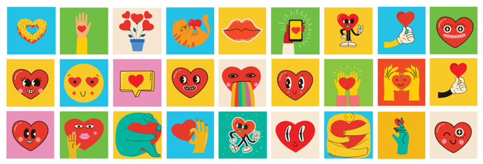Wall Mural - Groovy lovely hearts stickers. Love concept. Happy Valentines day. Funky happy heart character in trendy retro 60s 70s cartoon style. Vector illustration in red colors.