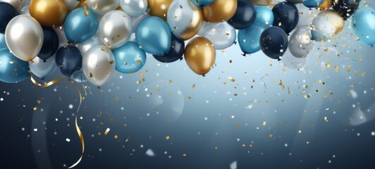 Holiday celebration background with golden silver and blue balloons. Banner