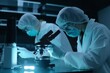 © nsit0108 - Scientists research microscope work. Chemist virus. Generate Ai