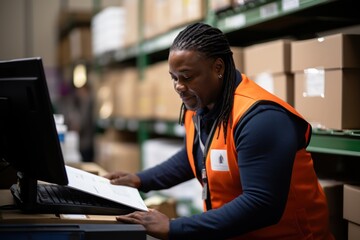 Stockroom supervisor looking at inventory report on computer, working at merchandise quality control in warehouse. African american employee preparing customers orders for shipping in storehouse