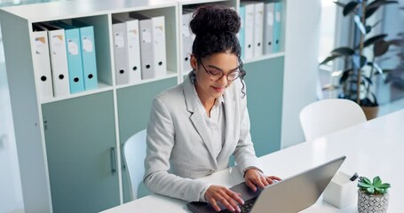 Wall Mural - Happiness, laptop and typing professional woman, advocate or government attorney reading feedback review. Corporate research, law firm and business lawyer working on legal project development plan