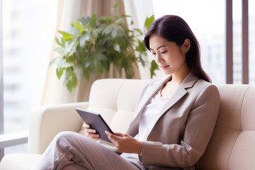 Wall Mural - Smile Woman who is online conversation with her psychiatrist