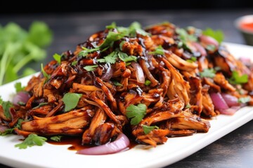 Wall Mural - close view of bourbon bbq pulled chicken garnished with parsley