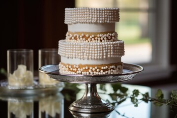 Poster - three-tiered wedding cheesecake with edible white pearls