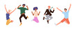 Happy funny active people cartoon characters rejoicing jumping in air celebrating success set